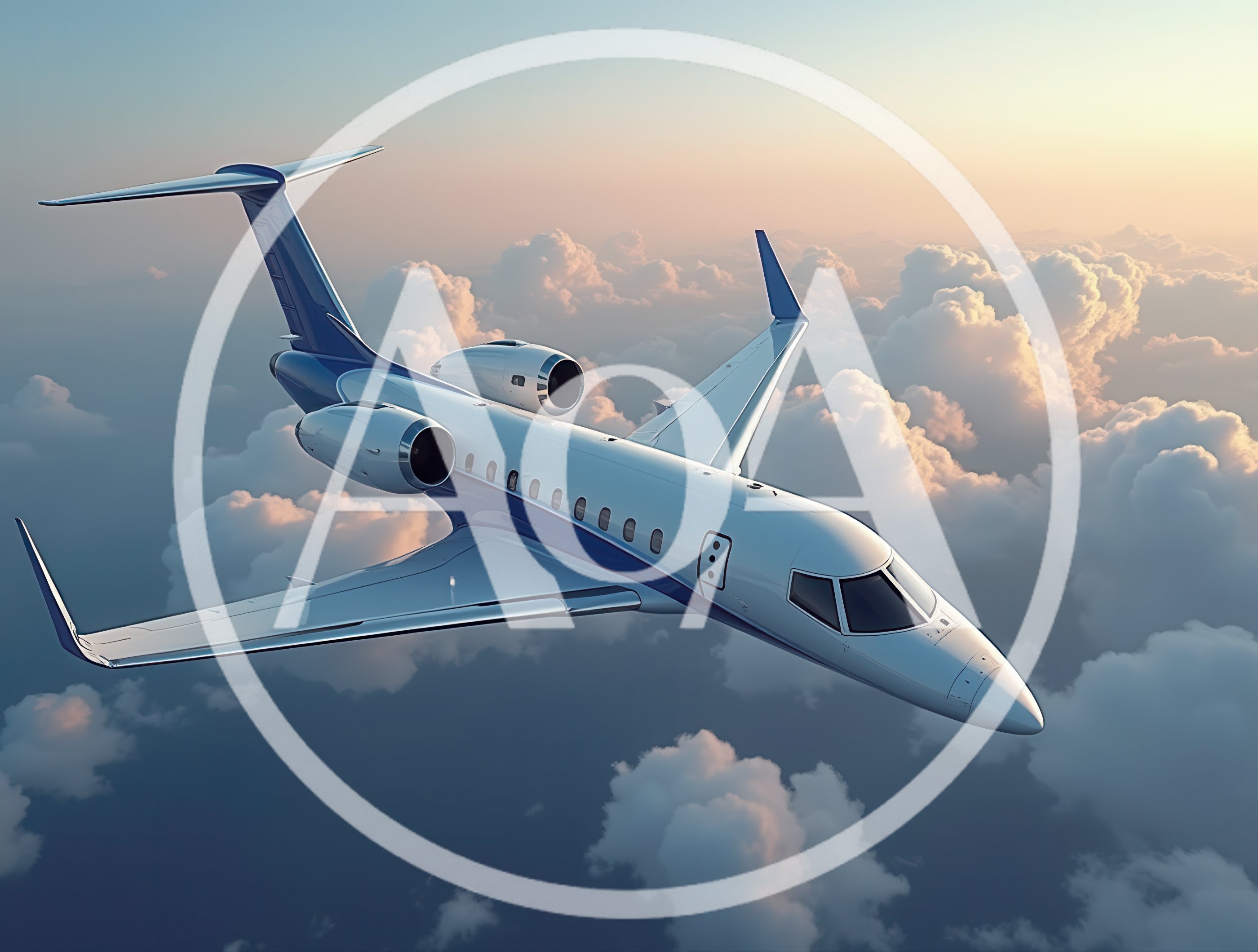 Private Business Jet Flying Above Clouds At Sunset