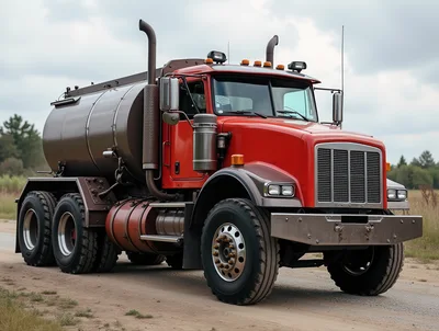 Red Tanker Truck Parked On Rural Dirt Road