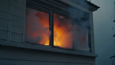House Window Engulfed In Intense Fire And Smoke