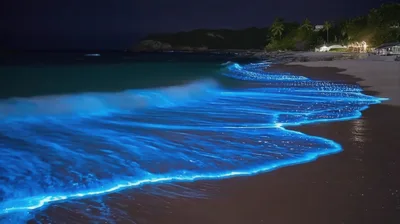 Bioluminescent Waves Crashing on a Tropical Beach at Night