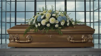 Gold Casket With Floral Arrangement In Funeral Chapel