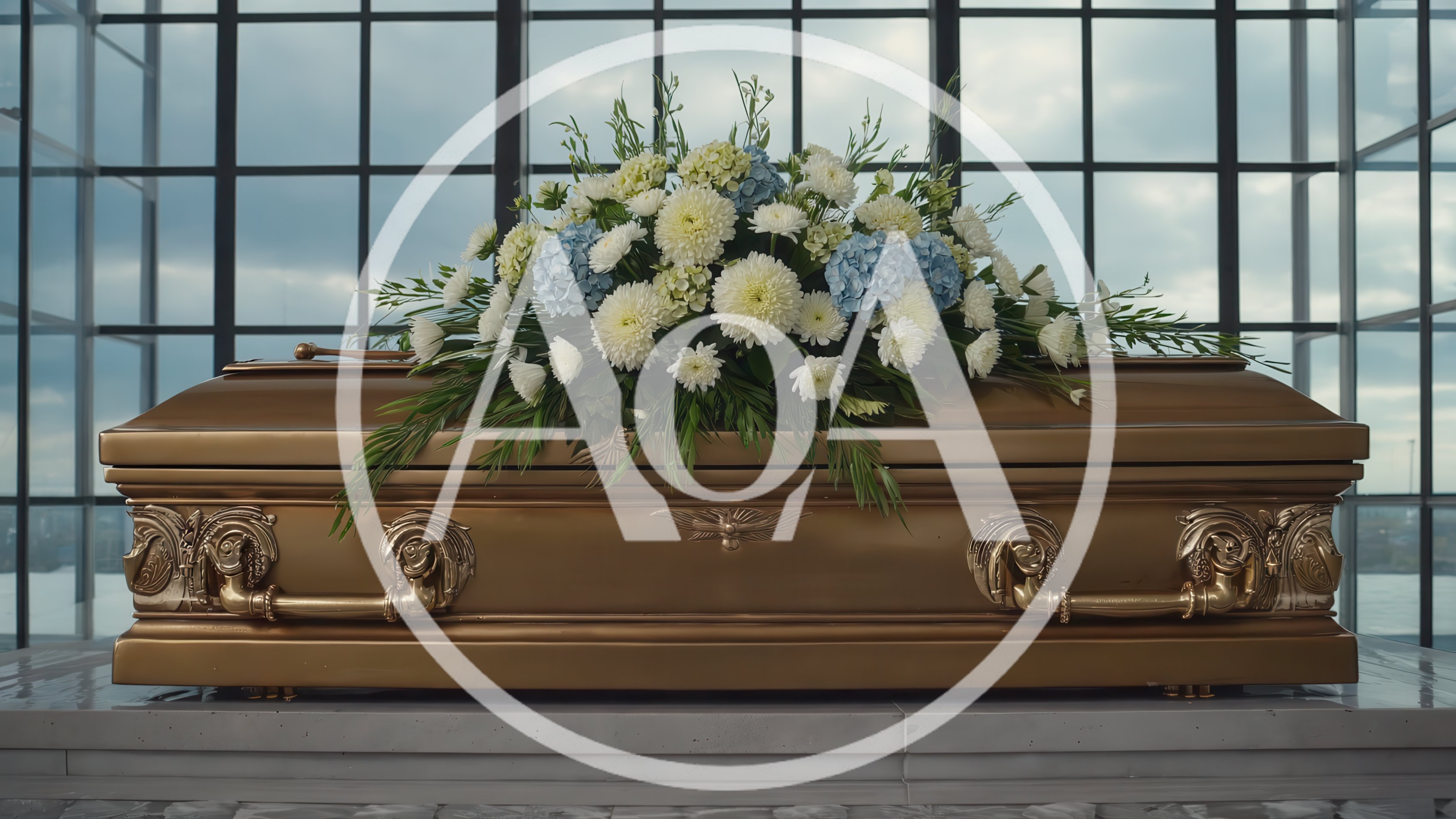 Gold Casket With Floral Arrangement In Funeral Chapel
