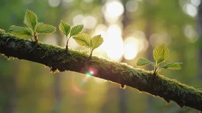 Fresh Green Leaves Sprouting From Mossy Tree Branch