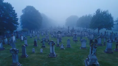 Foggy Cemetery With Ancient Gravestones At Dawn
