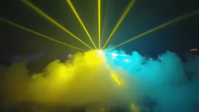 Yellow And Blue Laser Beams In Thick Stage Fog