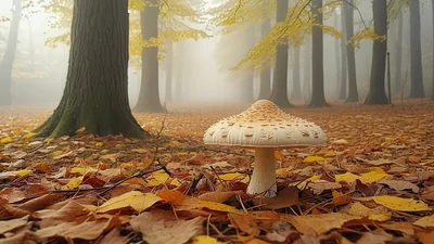 Single Mushroom Growing In A Misty Autumn Forest