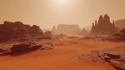 Martian Desert Landscape With Red Sand And Rock Formations