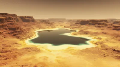 Alien Landscape With A Liquid Lake In A Canyon