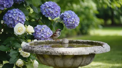 House Sparrow Perched on a Stone Birdbath