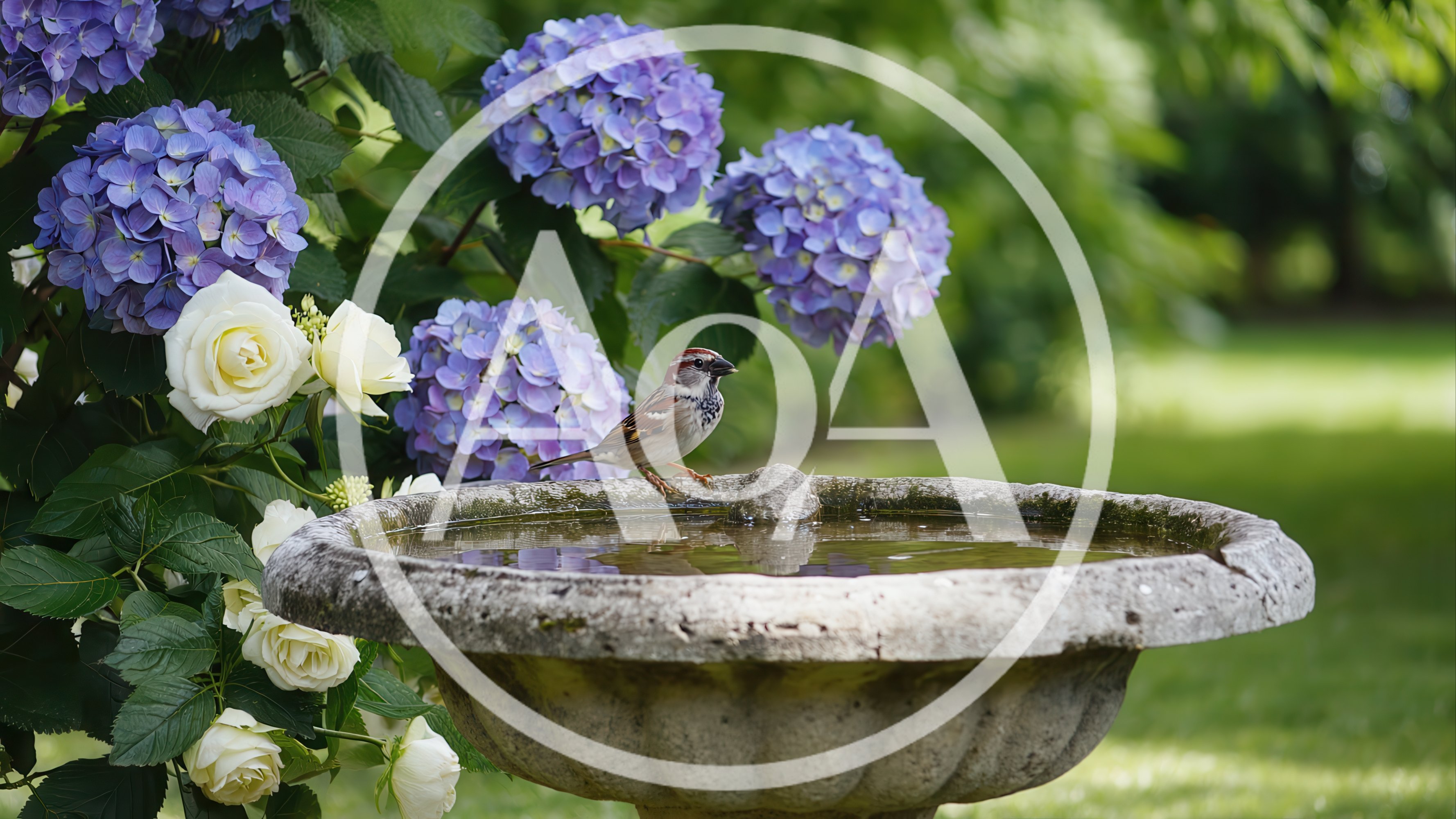House Sparrow Perched on a Stone Birdbath
