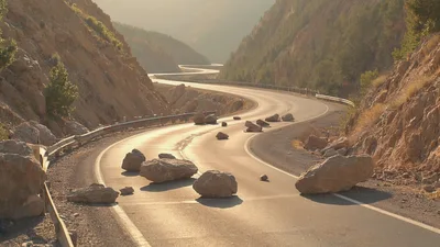Rockfall Debris Blocking A Winding Mountain Road