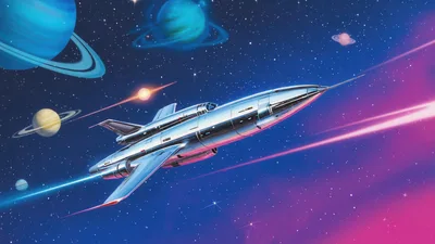 Retro Futuristic Chrome Spaceship Flying Through Deep Space