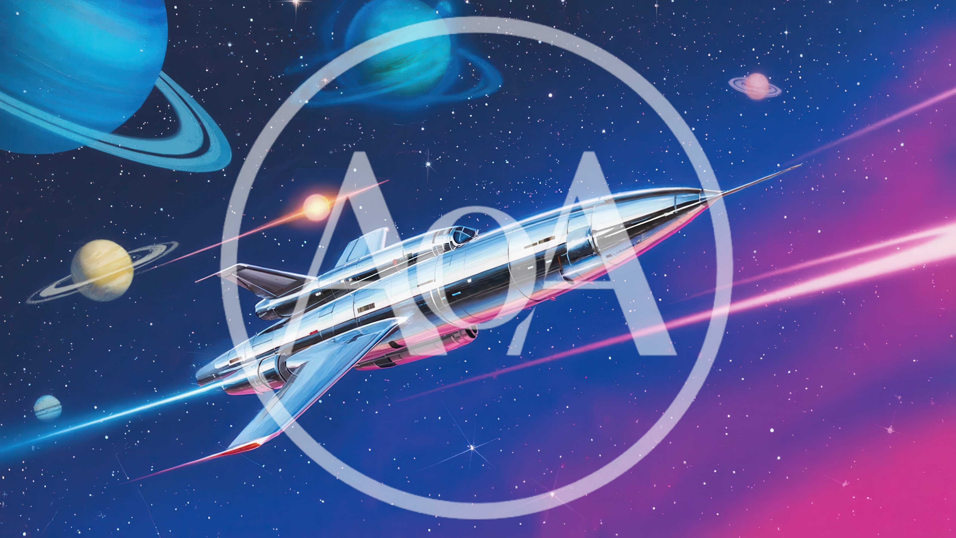 Retro Futuristic Chrome Spaceship Flying Through Deep Space