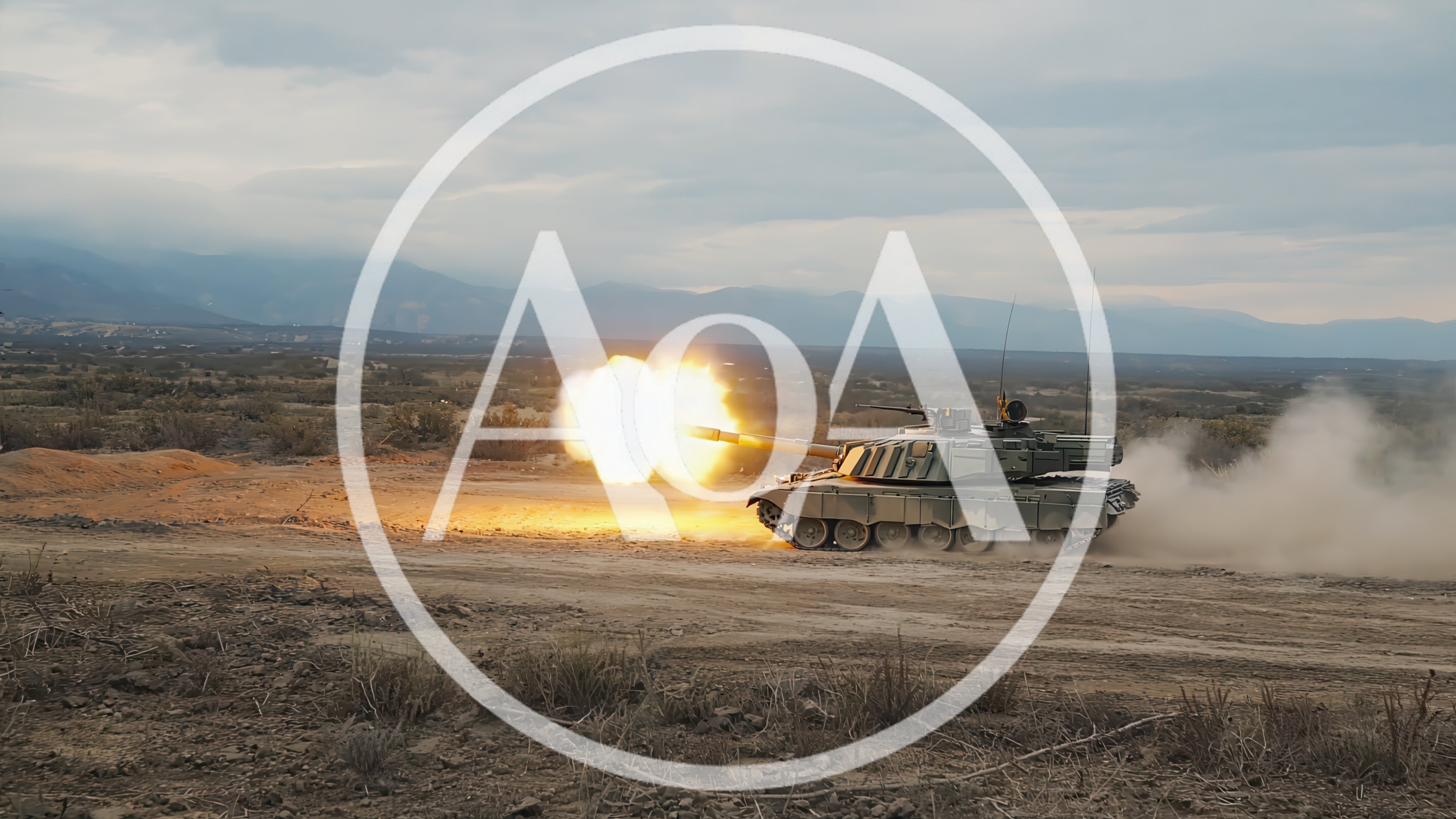 Main Battle Tank Firing Cannon in Desert Landscape