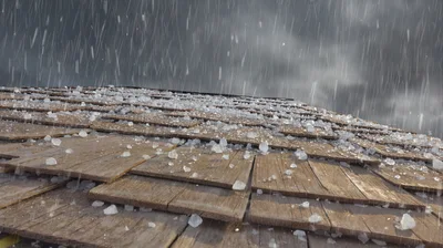 Heavy Hail Storm Falling On Wooden Shingle Roof