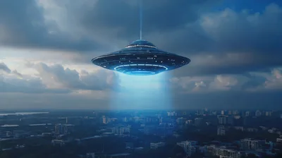 Futuristic UFO Hovering Over A Modern City Skyline