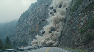 Dramatic Rockfall Landslide Blocking A Mountain Road