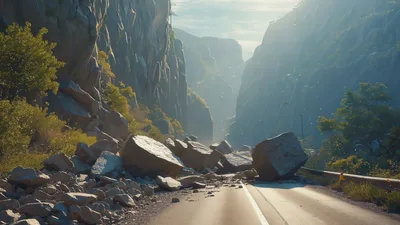 Rockslide Blocking A Mountain Road