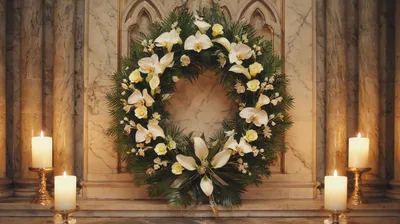 Funeral Wreath With White Flowers And Candles