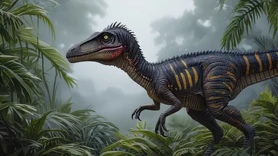 Realistic Velociraptor Standing In A Lush Prehistoric Jungle