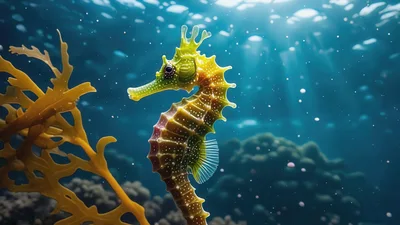 Yellow Seahorse Swimming Near Underwater Seaweed