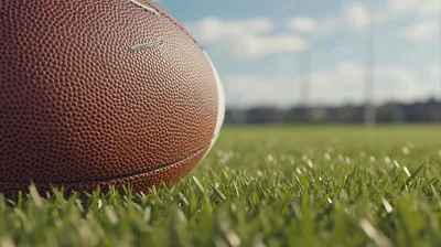 American Football Resting On Green Grass Field