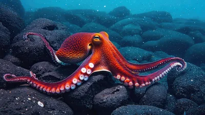 Vibrant Red Octopus Resting on Dark Underwater Rocks