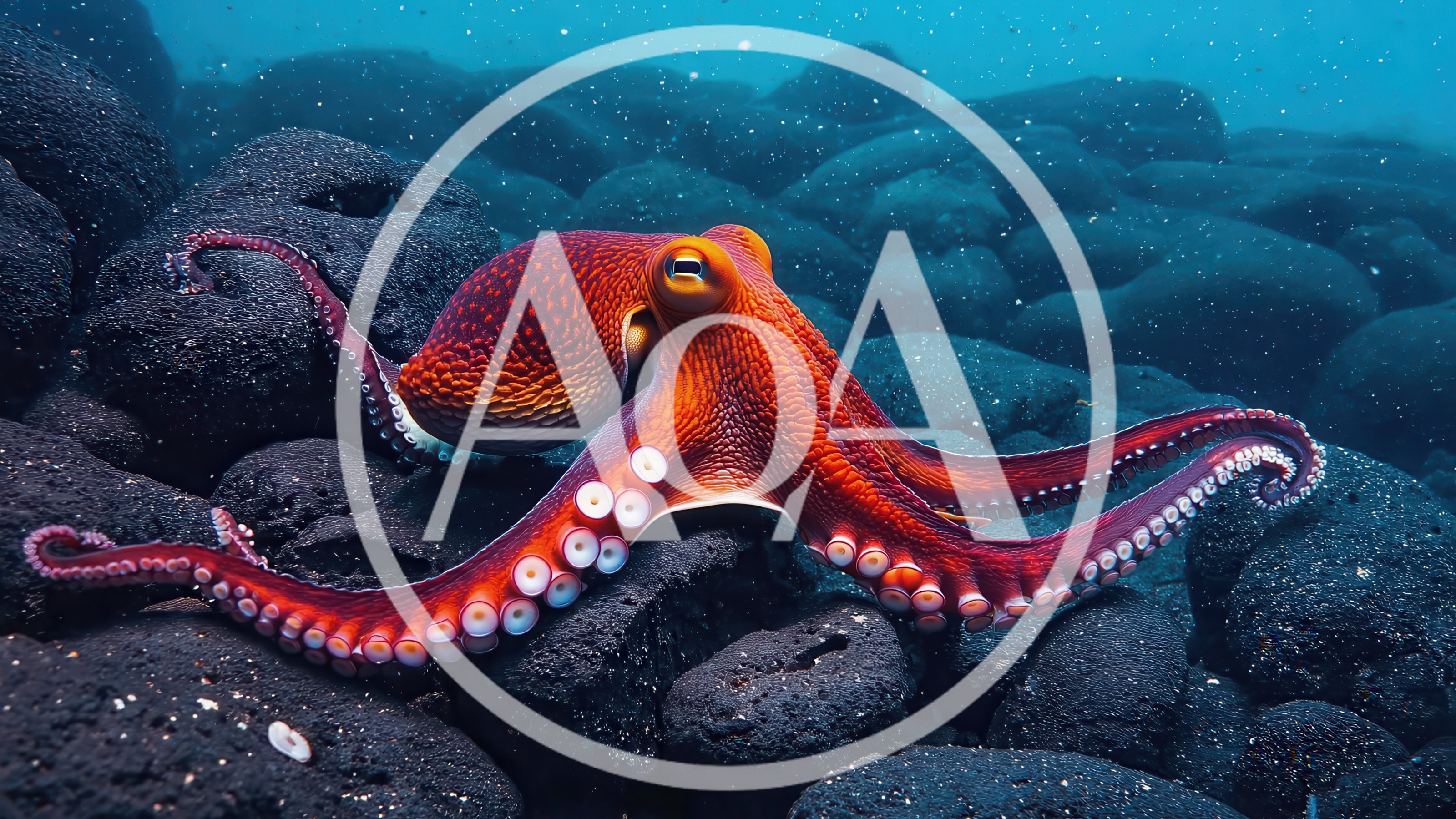 Vibrant Red Octopus Resting on Dark Underwater Rocks