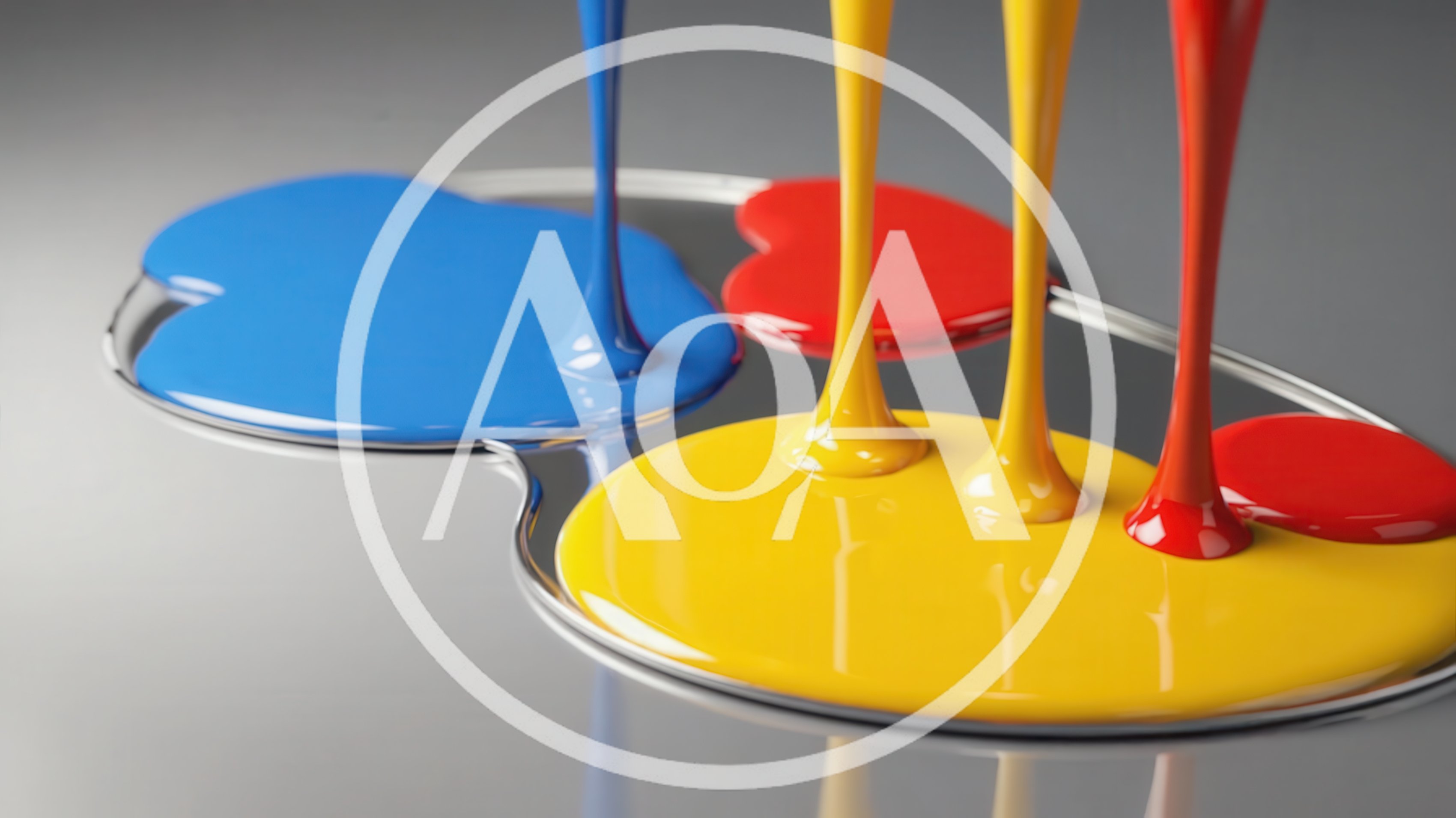Primary Colored Paint Streams Pouring Onto Reflective Surface