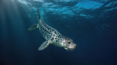 Spotted Seal Swimming Underwater in Deep Blue Ocean