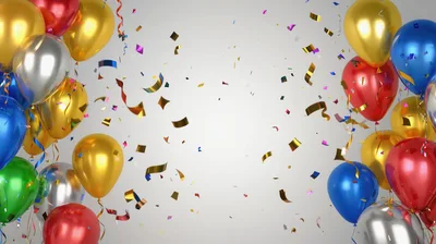 Colorful Balloons And Confetti Floating On White Background