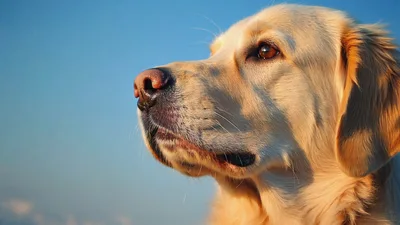 Golden Retriever Dog Profile Portrait Against Blue Sky