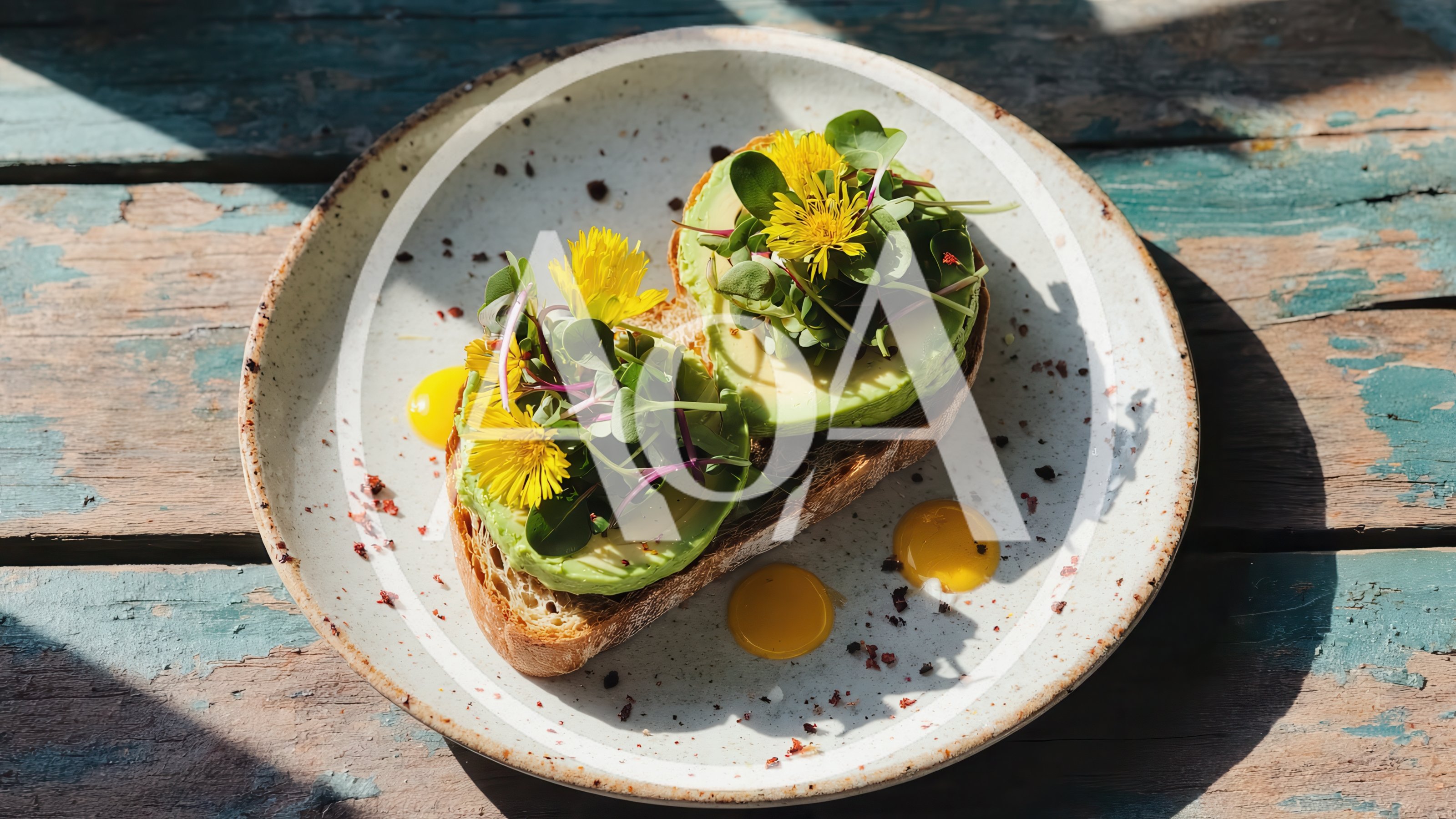 Avocado Toast With Edible Flowers On Rustic Plate