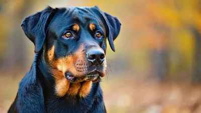 Portrait Of A Rottweiler Dog In Autumn