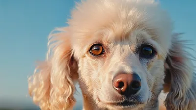 Close Up Portrait Of A White Poodle Dog