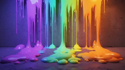 Vibrant Rainbow Paint Drips On Concrete Wall