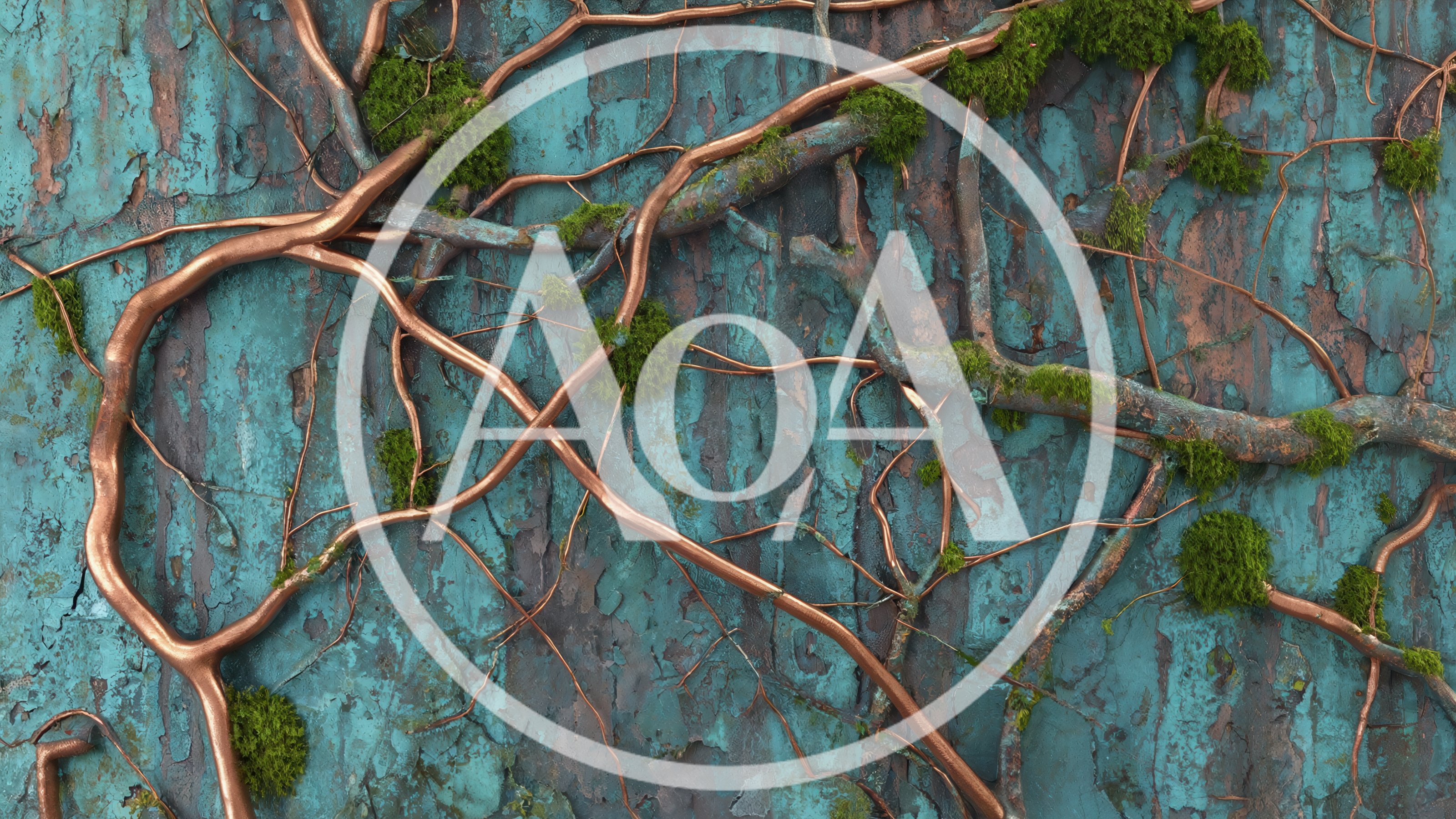 Copper Vines Overgrown With Moss On Weathered Teal Wall