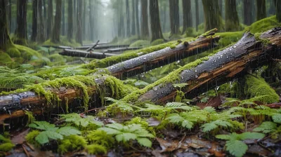 Rain Falling On Mossy Logs In A Misty Forest