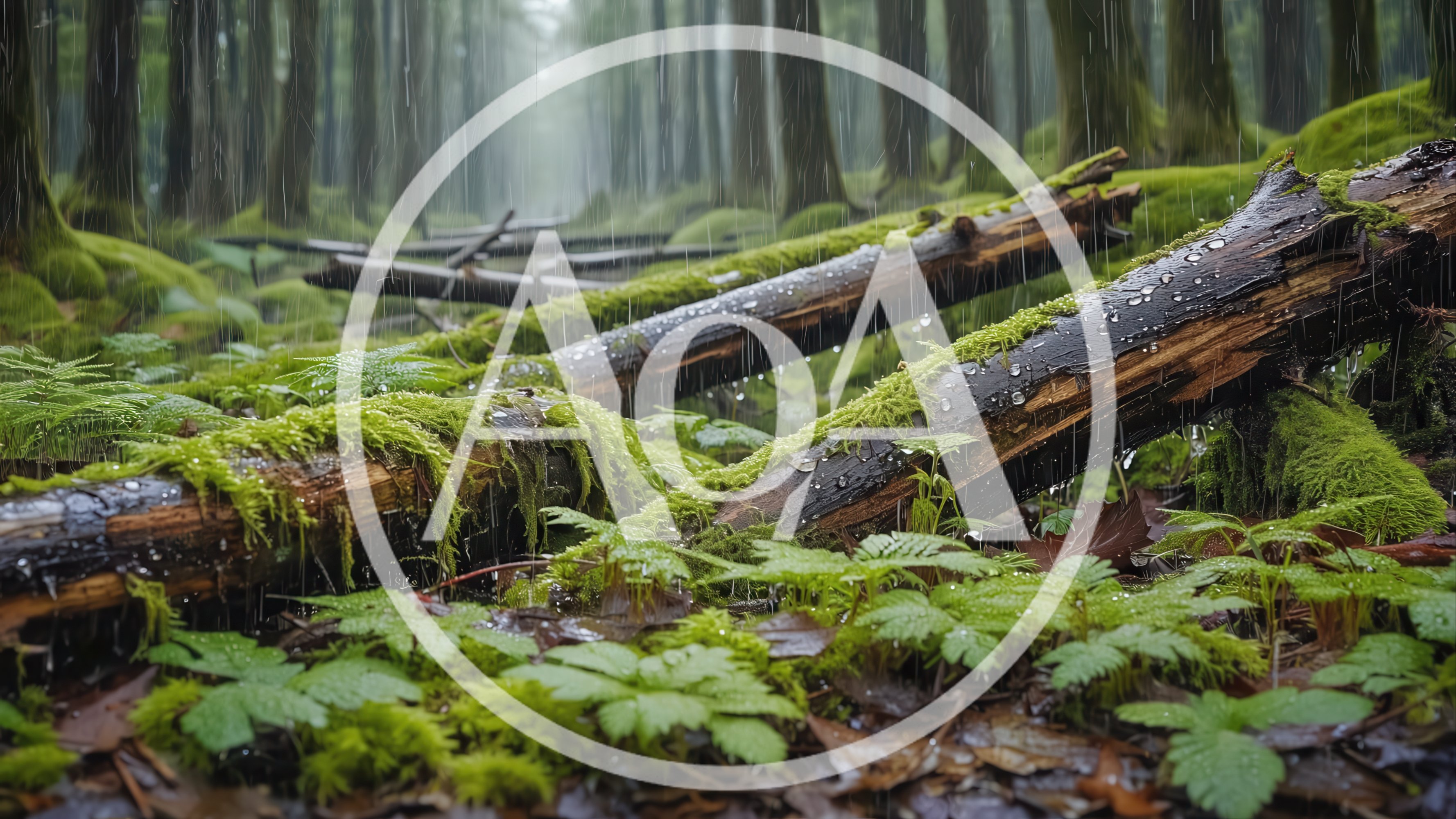 Rain Falling On Mossy Logs In A Misty Forest
