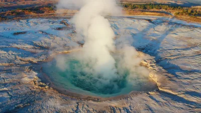 Aerial View Of A Steaming Geothermal Hot Spring
