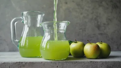 Fresh Green Apple Juice Being Poured Into A Pitcher