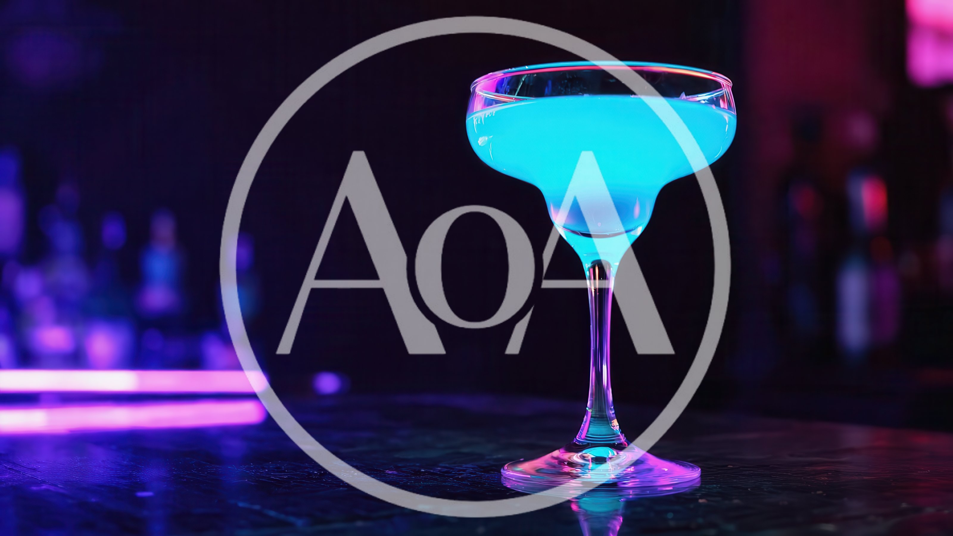 Bright Blue Cocktail Glass on a Neon Lit Bar