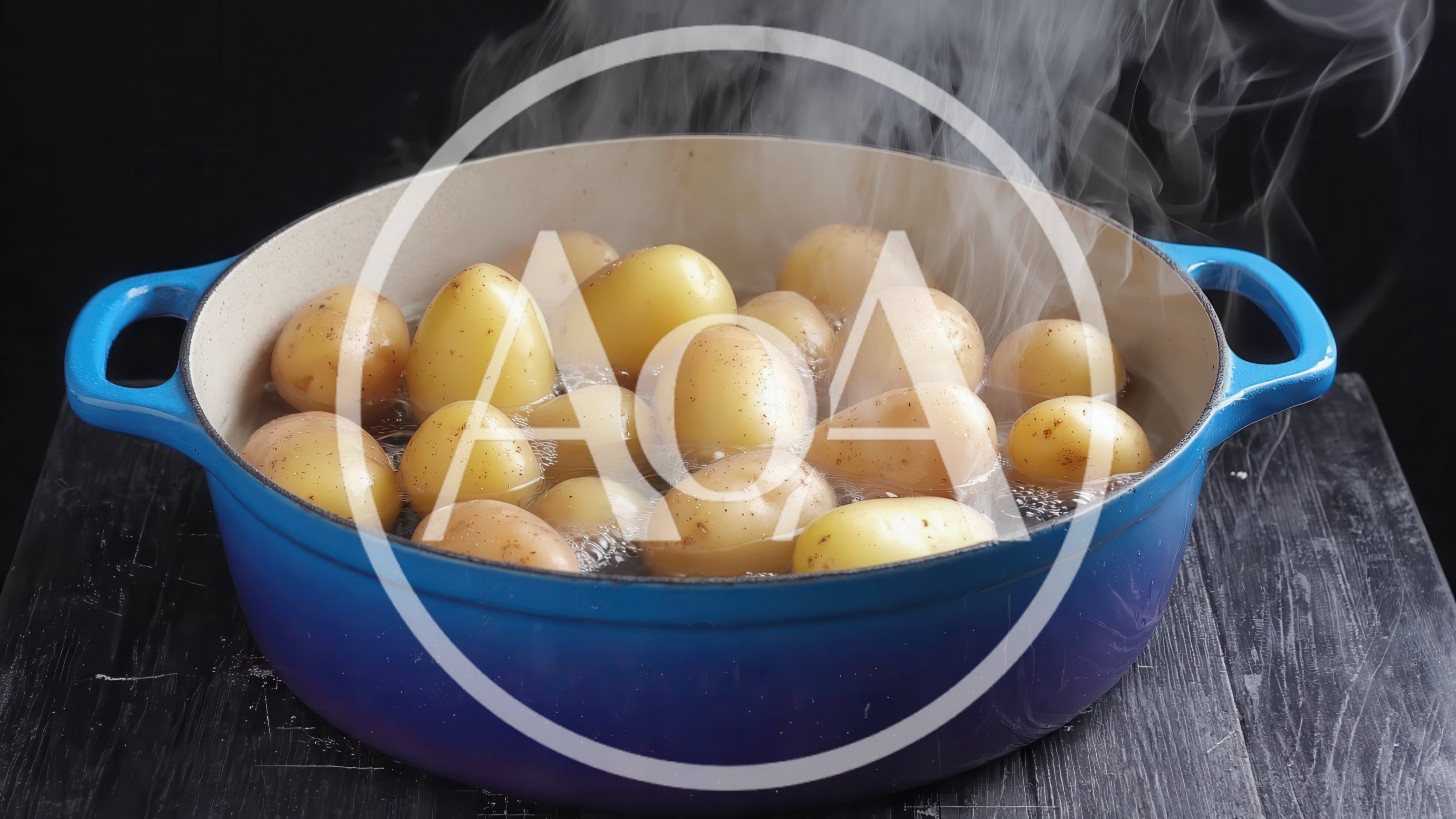 Potatoes Boiling In A Blue Enamel Pot