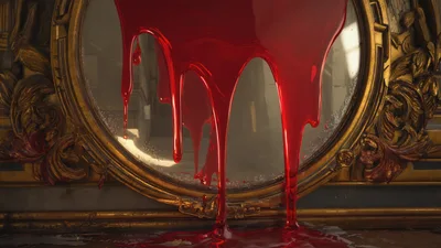 Thick Red Liquid Dripping Down Ornate Gold Mirror