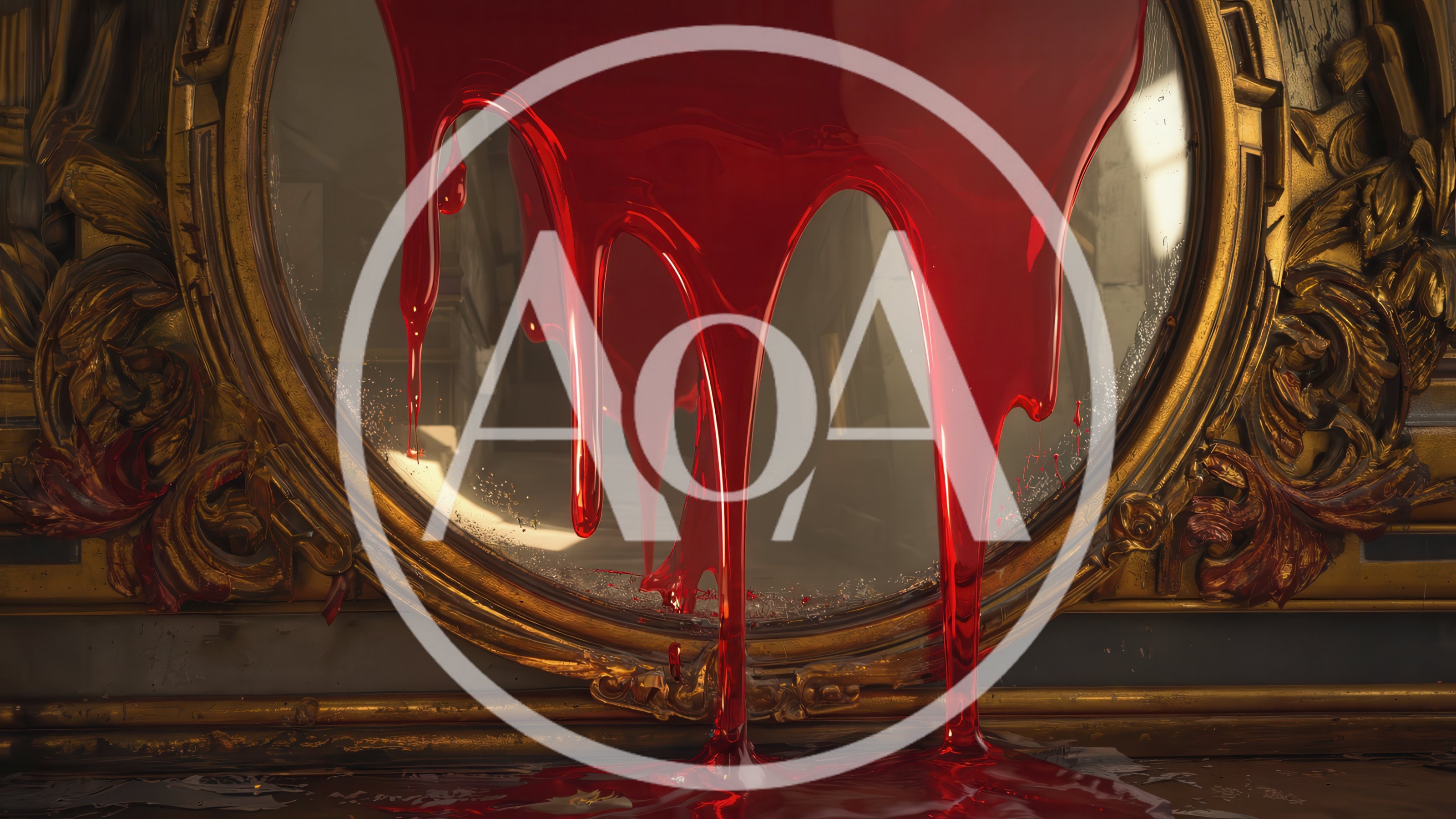 Thick Red Liquid Dripping Down Ornate Gold Mirror