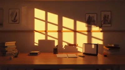 Empty Desk With Sunlight Streaming Through Window