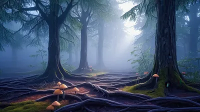 Enchanted Forest Path With Glowing Mushrooms And Fog
