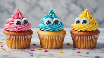 Three Colorful Cupcakes With Googly Eyes