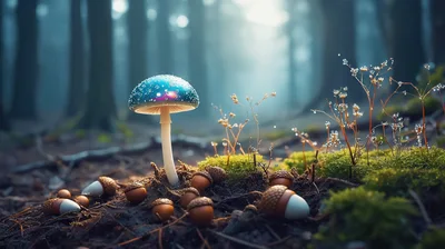 Glowing Blue Mushroom In A Misty Forest