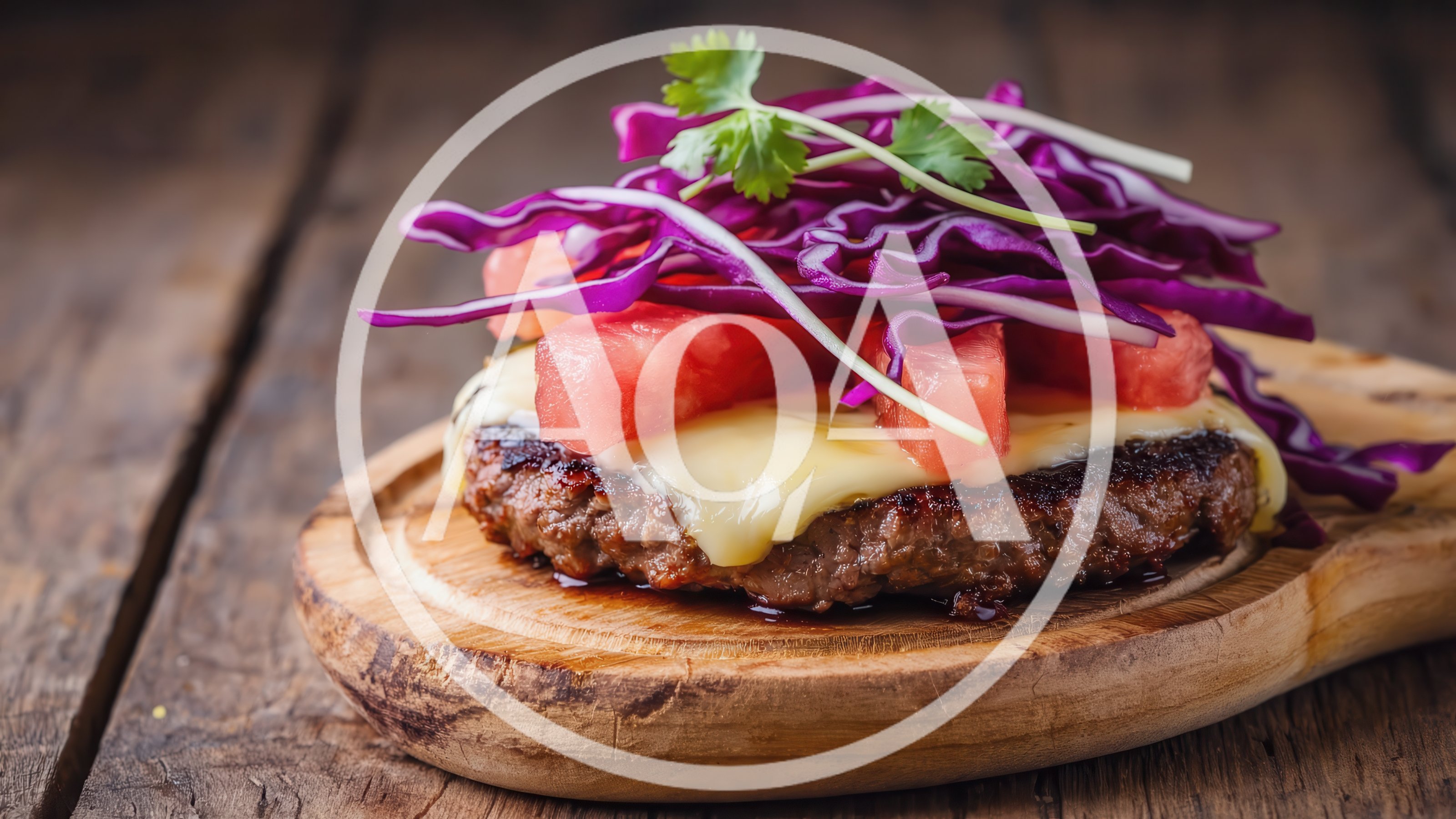 Gourmet Beef Burger Patty With Toppings On Wooden Board
